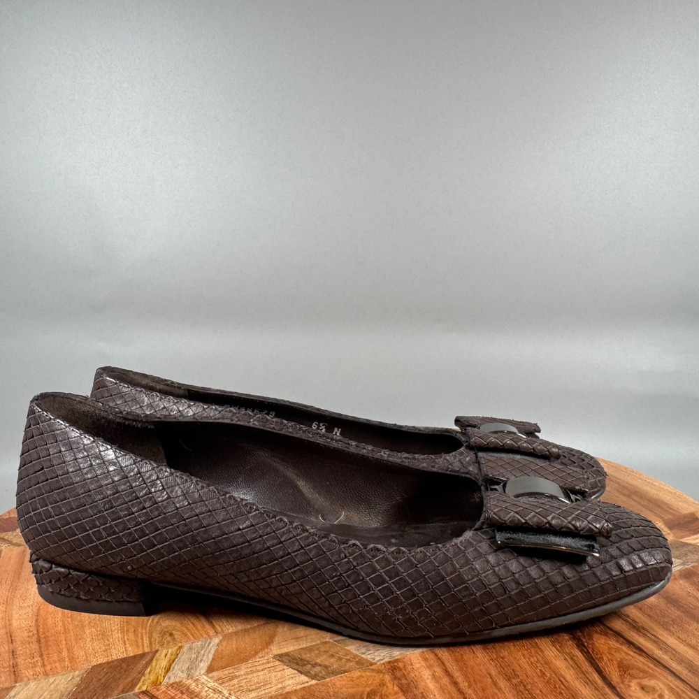 Stuart Weitzman Brown Textured Leather Bow Square Toe Ballet Flats 6.5 N